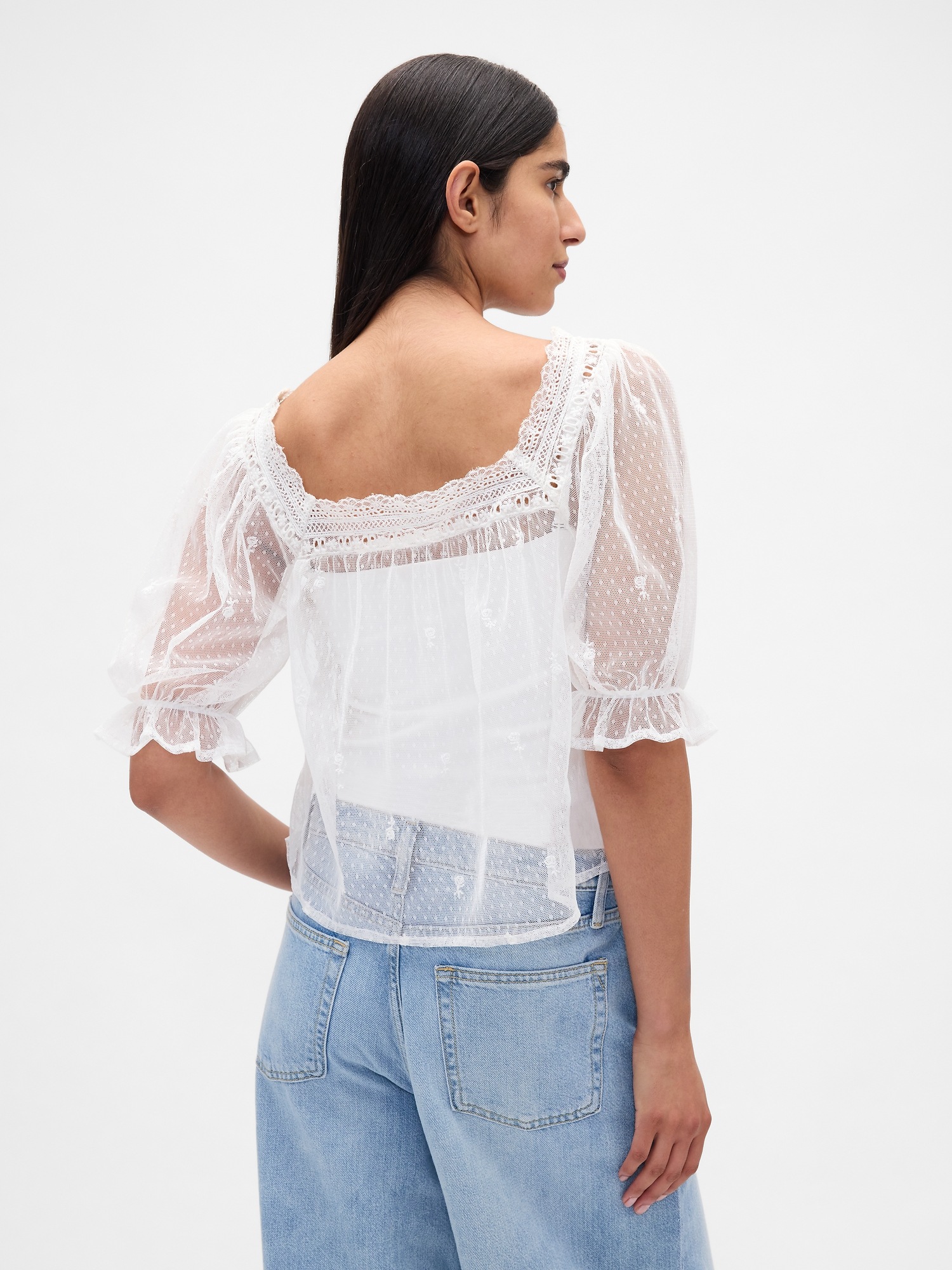 Женский топ Gap Sheer Tulle Embroidered Top, цвет: Белый — фото 3