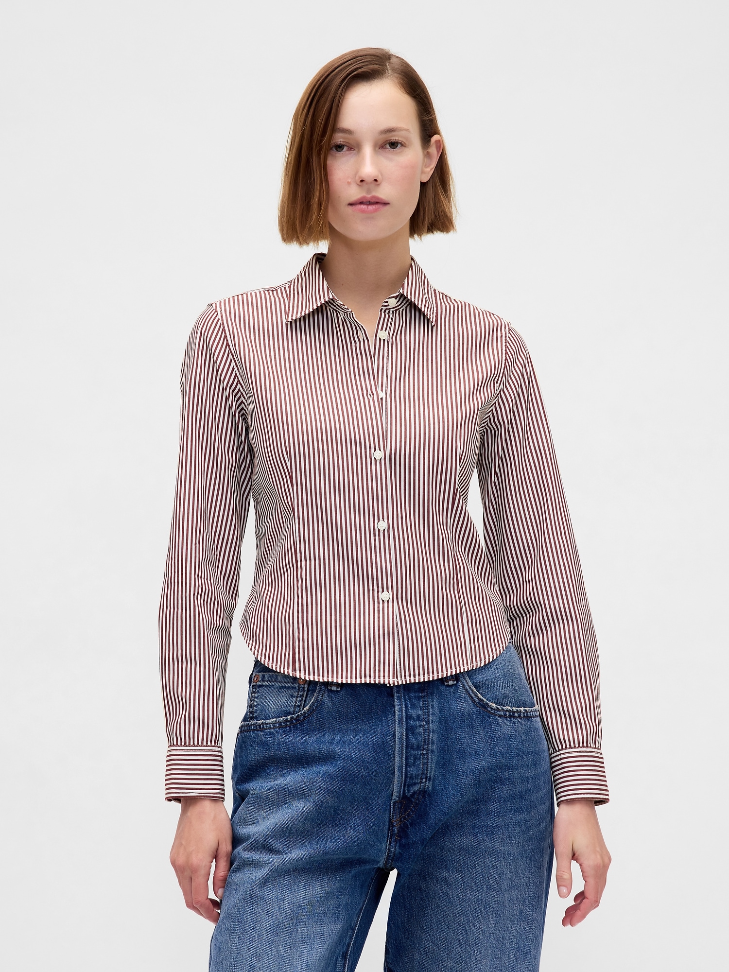 Organic Cotton Fitted Crop Shirt - Red Stripes