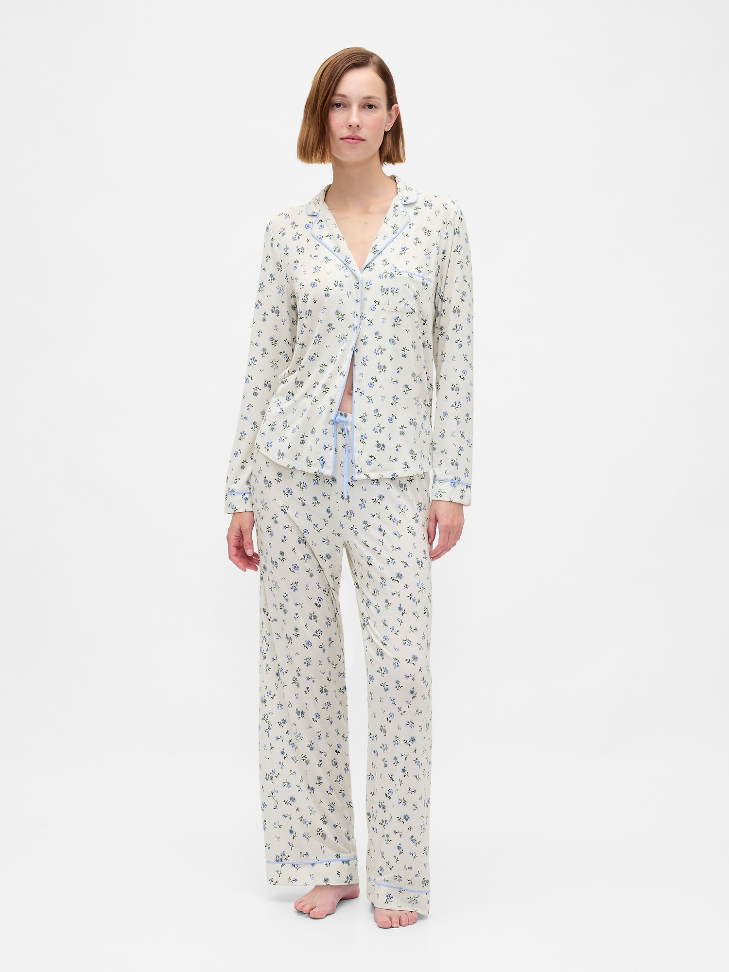 Modal PJ Pants - White & Blue Floral Print