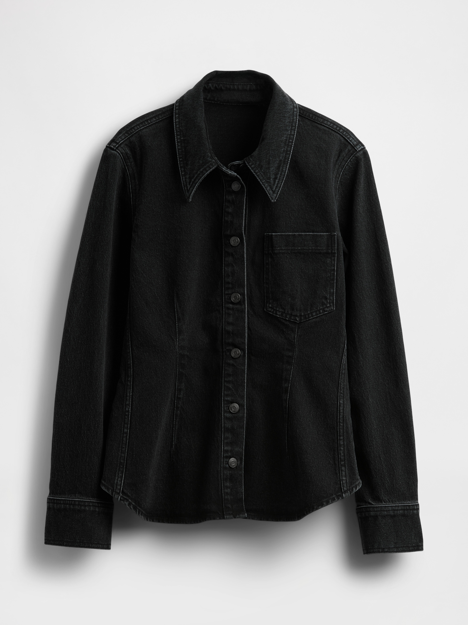 Женская рубашка Gap Cinched Denim Shirt, цвет: Чёрный варёный — фото 4