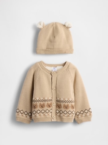 Baby Sherpa-Lined Bear Cardigan Sweater Set