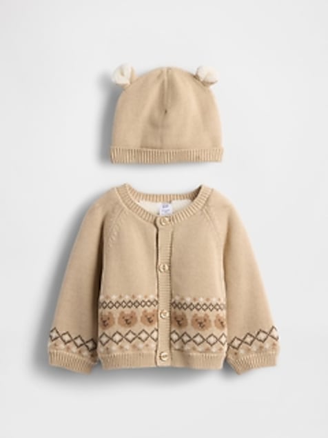Baby Sherpa-Lined Bear Cardigan Sweater Set