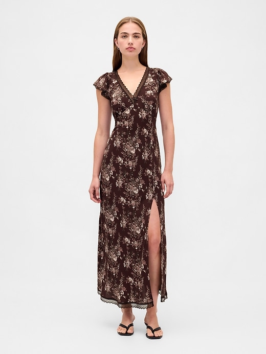 Image number 1 showing, Lace-Trim V-Neck Crepe Maxi Dress