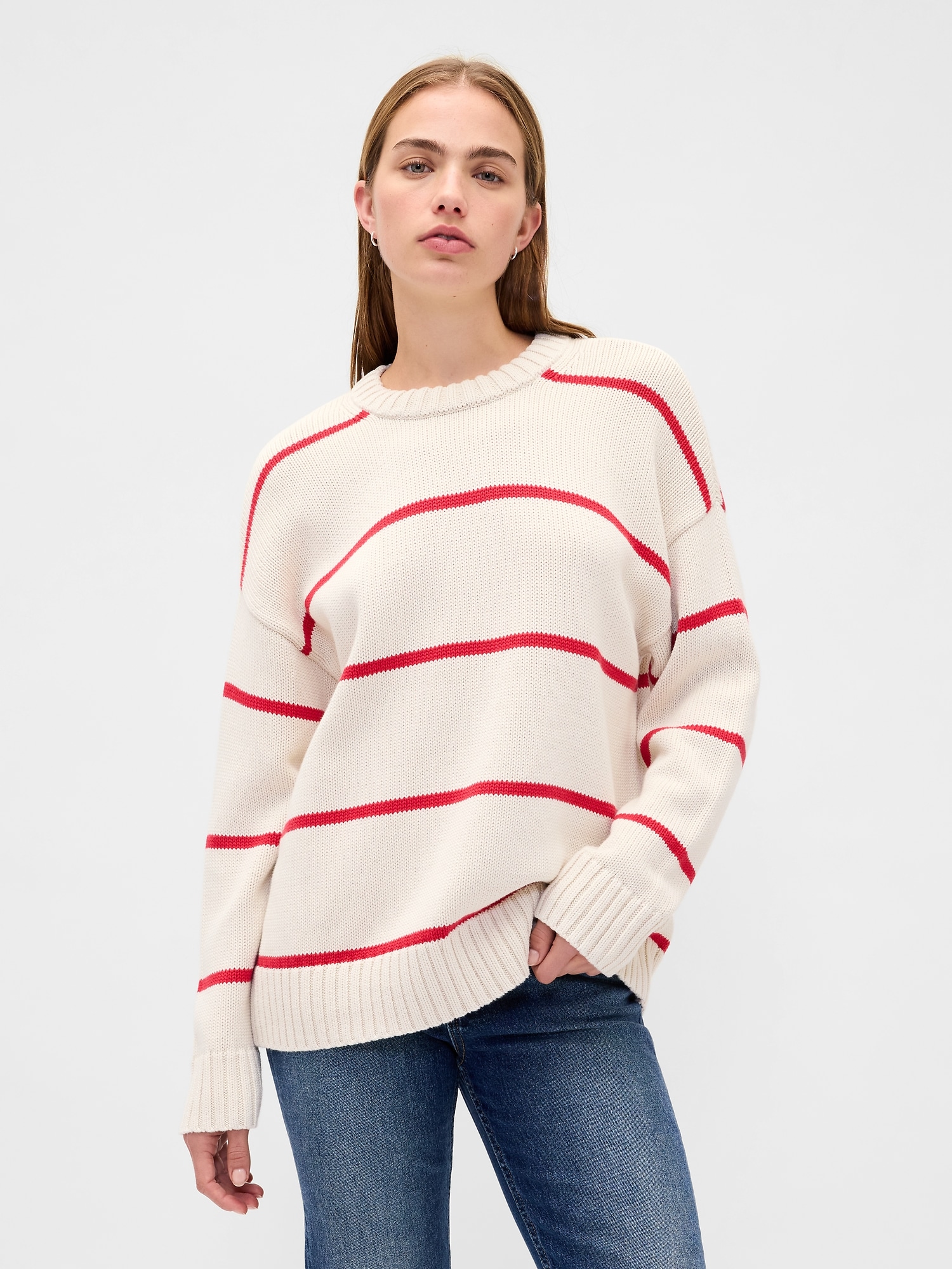 100% Cotton Oversized Sweater - Red & White Stripe