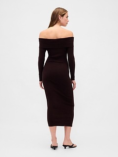 CashSoft Stretch Off-Shoulder Midi Sweater Dress - Brown - View 18