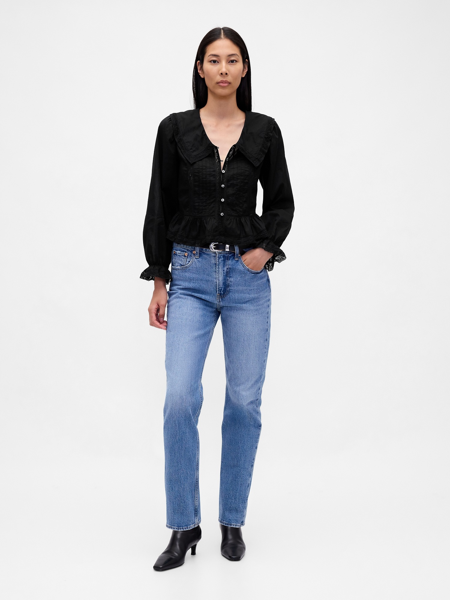 Женский топ Gap Collared V-Neck Peplum Top, цвет: Насыщенный чёрный — фото 2
