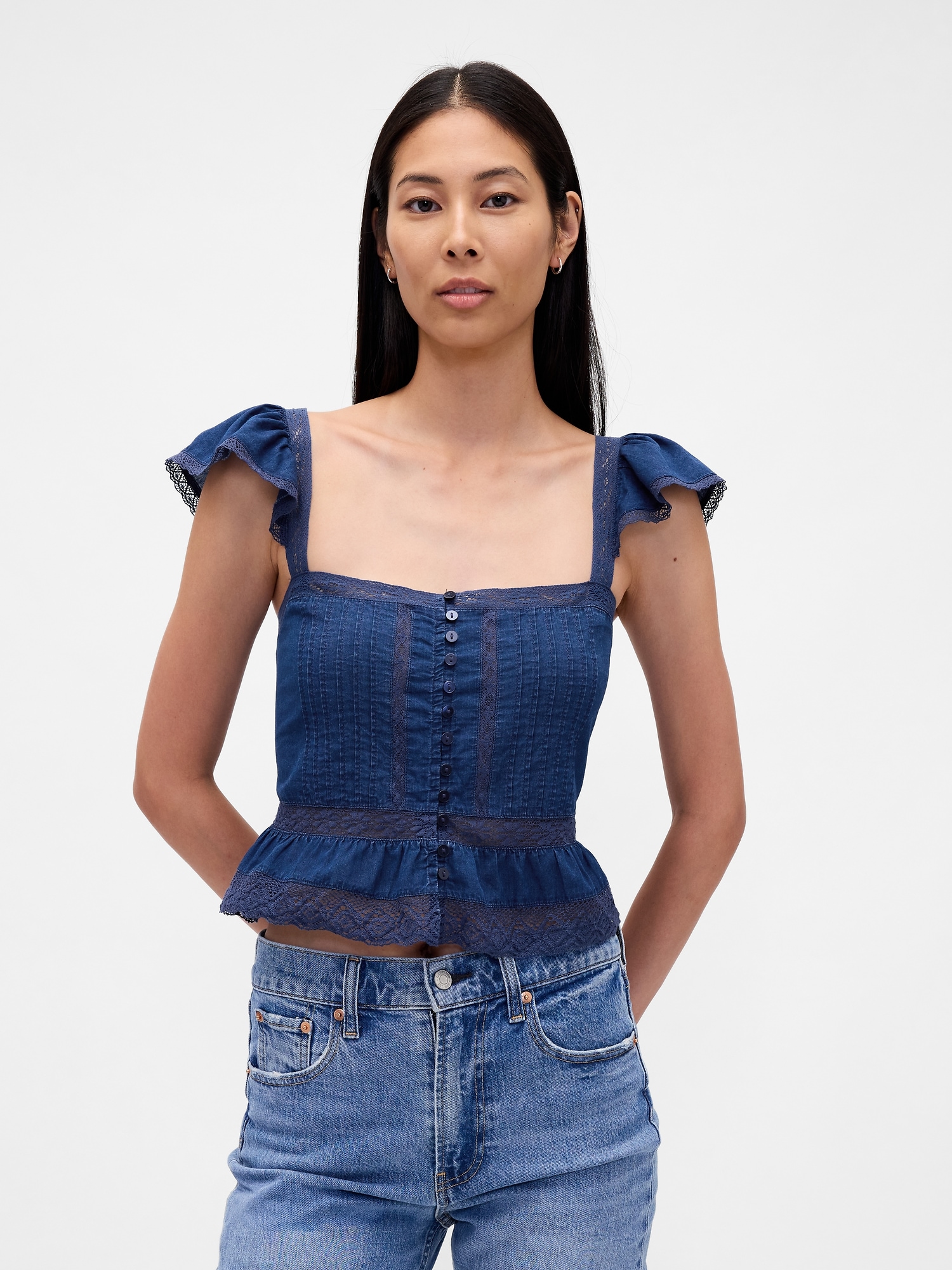 Lace Ruffle Voile Peplum Crop Top - Medium Wash