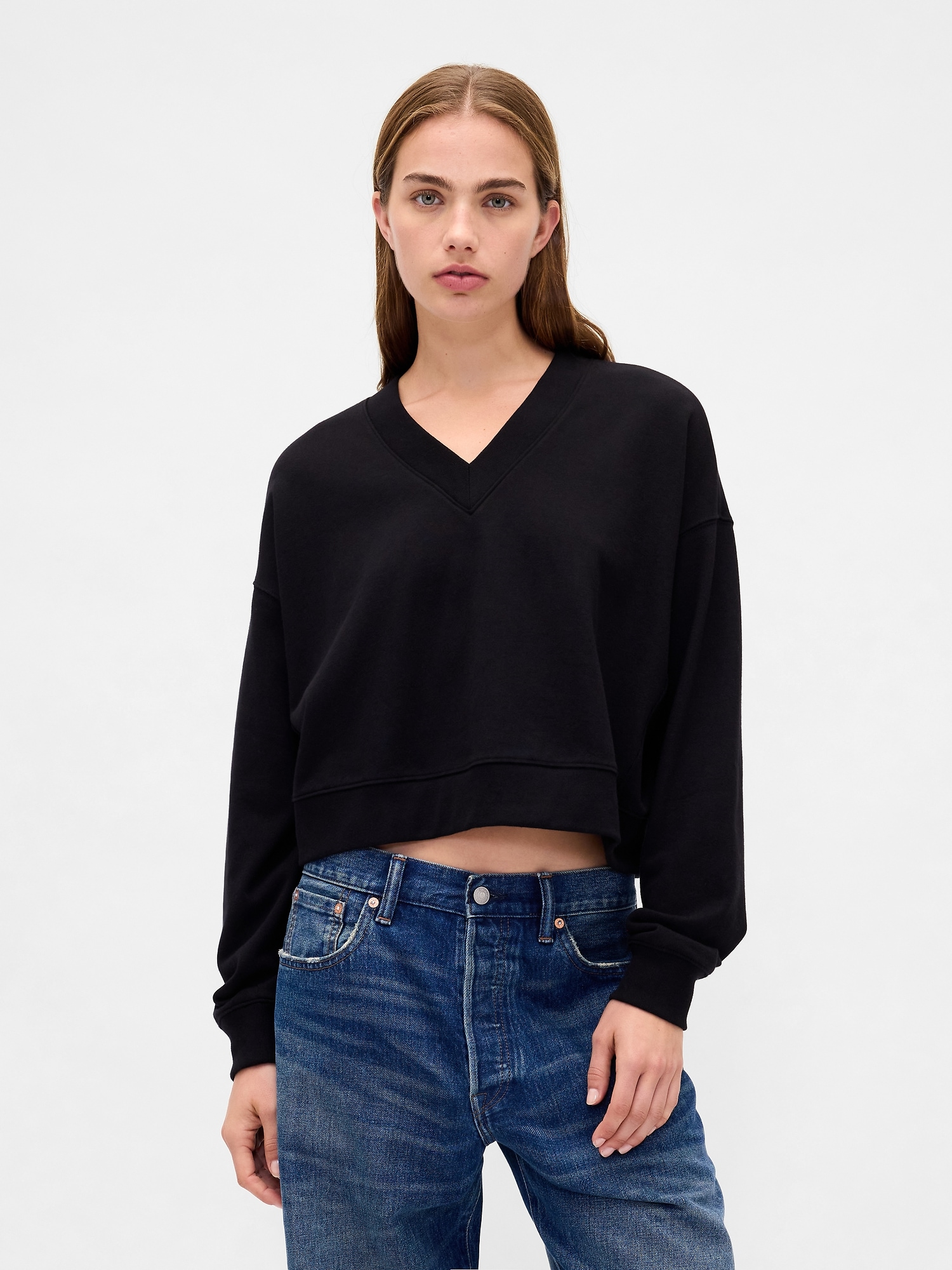 French Terry V-Neck Crop Sweatshirt - True Black