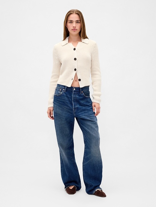 Image number 2 showing, 100% Cotton Collared Crop Cardigan Sweater