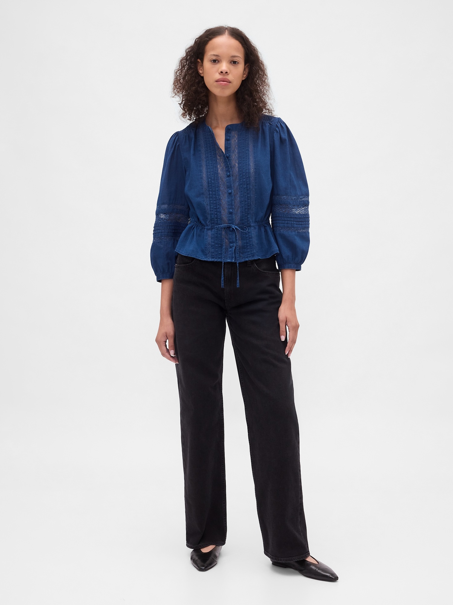 Женский топ Gap Lace-Trim Voile Top, цвет: Средний индиго — фото 2