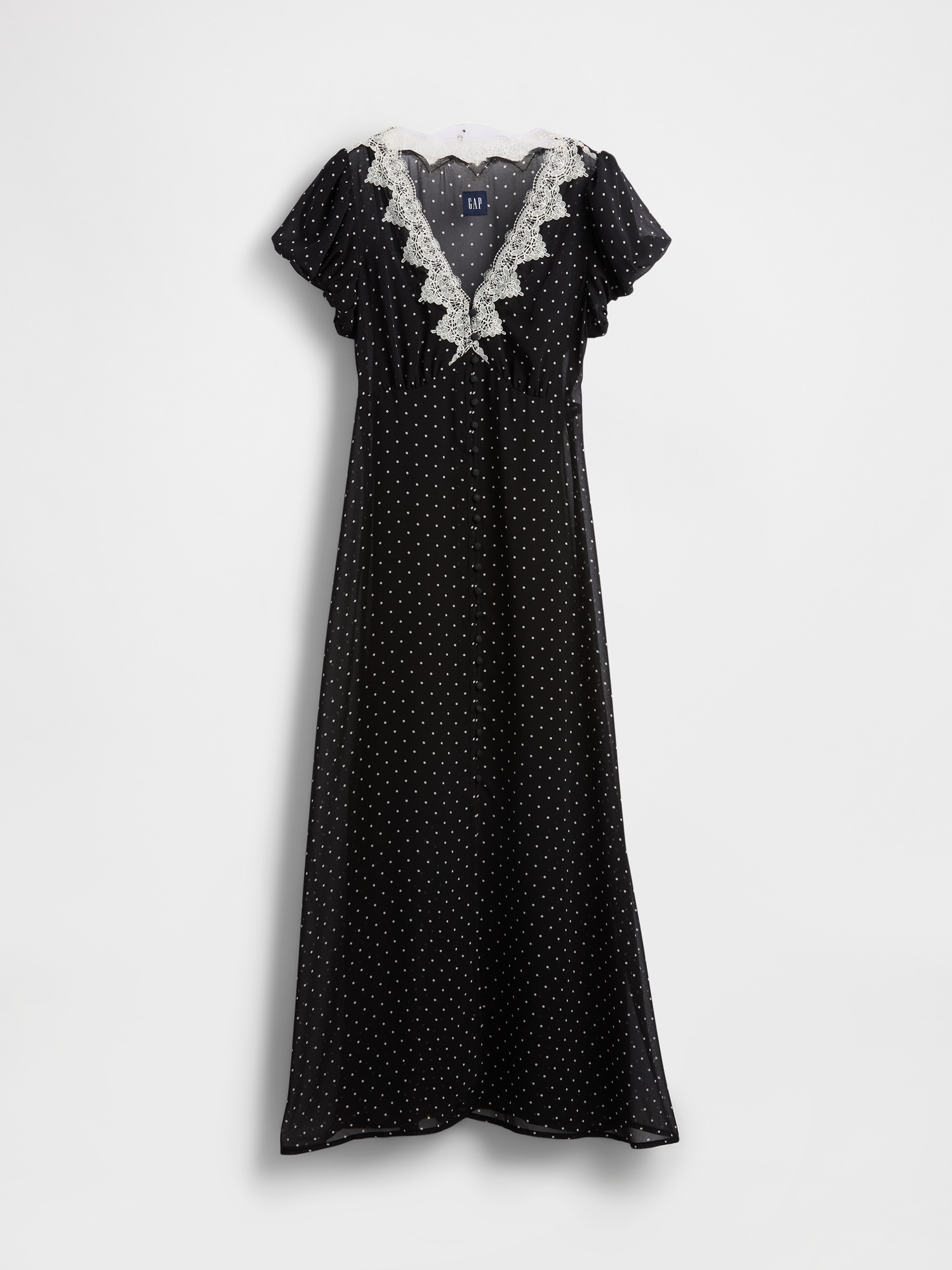 Женское платье Gap Lace-Trim V-Neck Maxi, цвет: Чёрный в горошек — фото 7