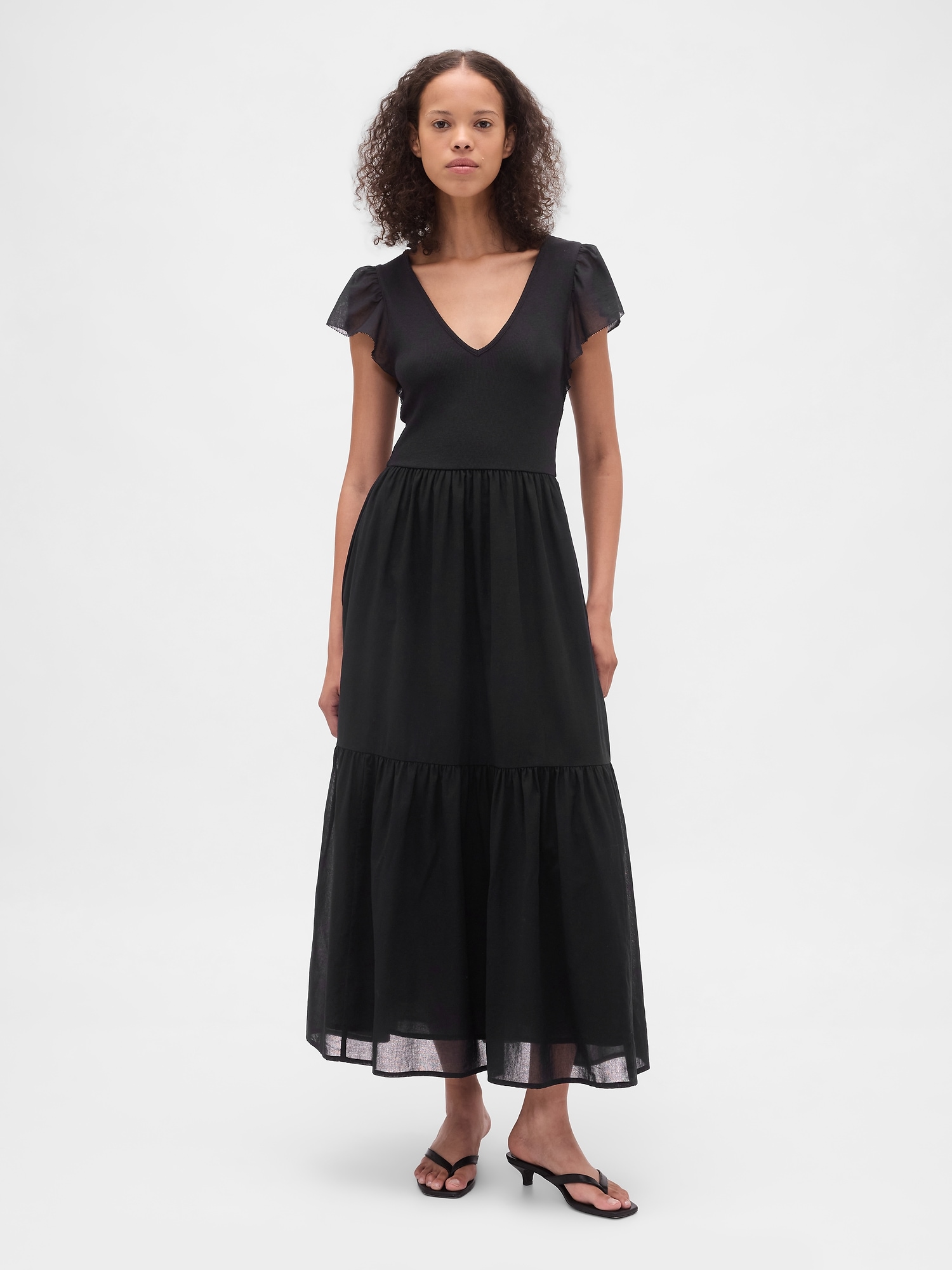 Женское платье Gap Modern Mixed Media Ruffle Maxi, цвет: Насыщенный чёрный