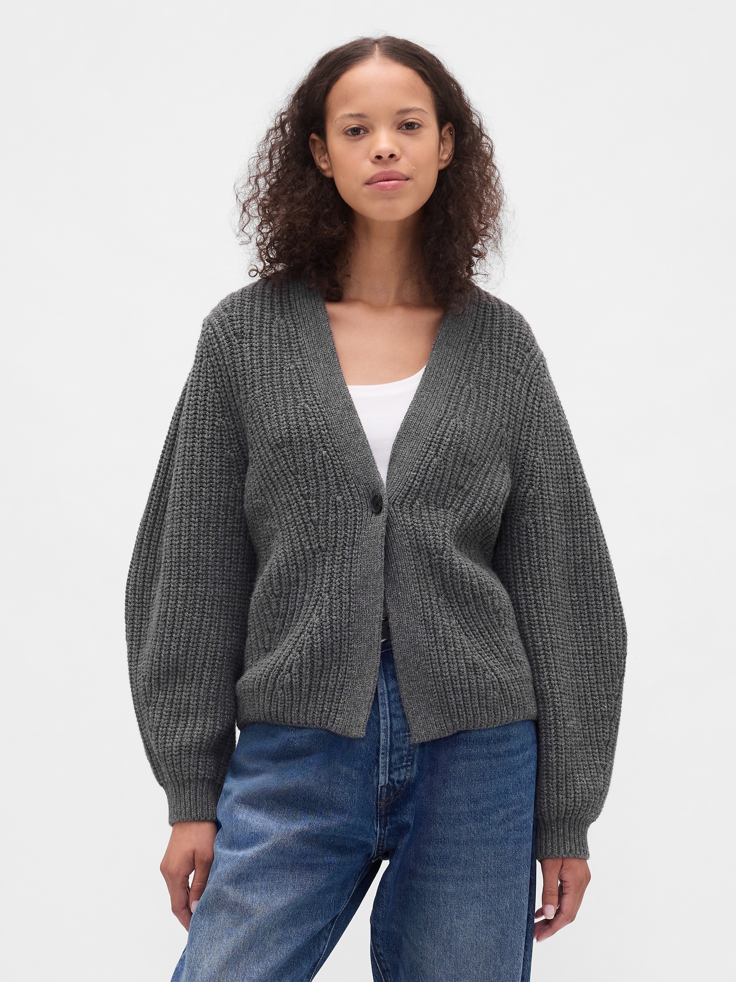 Barrel-Sleeve Cardigan Sweater - Charcoal Heather Grey