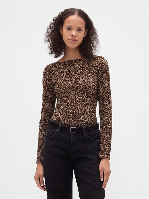 1 of 8 showing, with the color Leopard brown of product CloseKnit Jersey Boatneck Open-Back T-Shirt