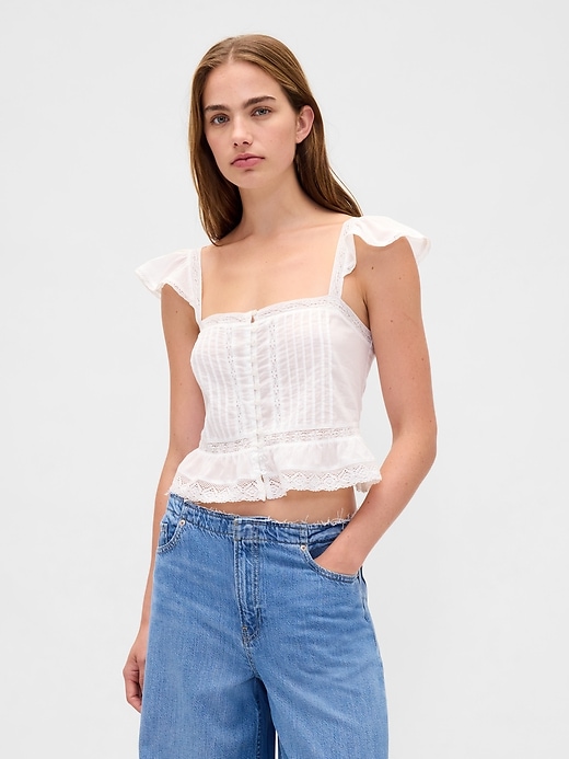 Image number 1 showing, Lace Ruffle Voile Peplum Crop Top
