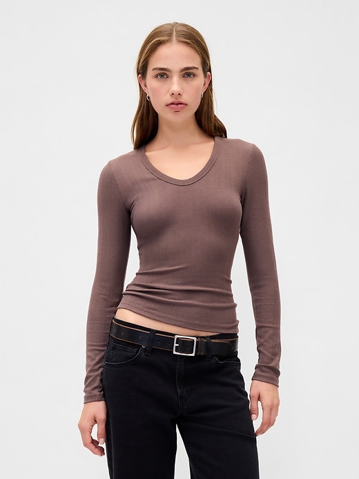 1 of 8 showing, with the color Toasted almond brown of product Sheer Modern Rib T-Shirt