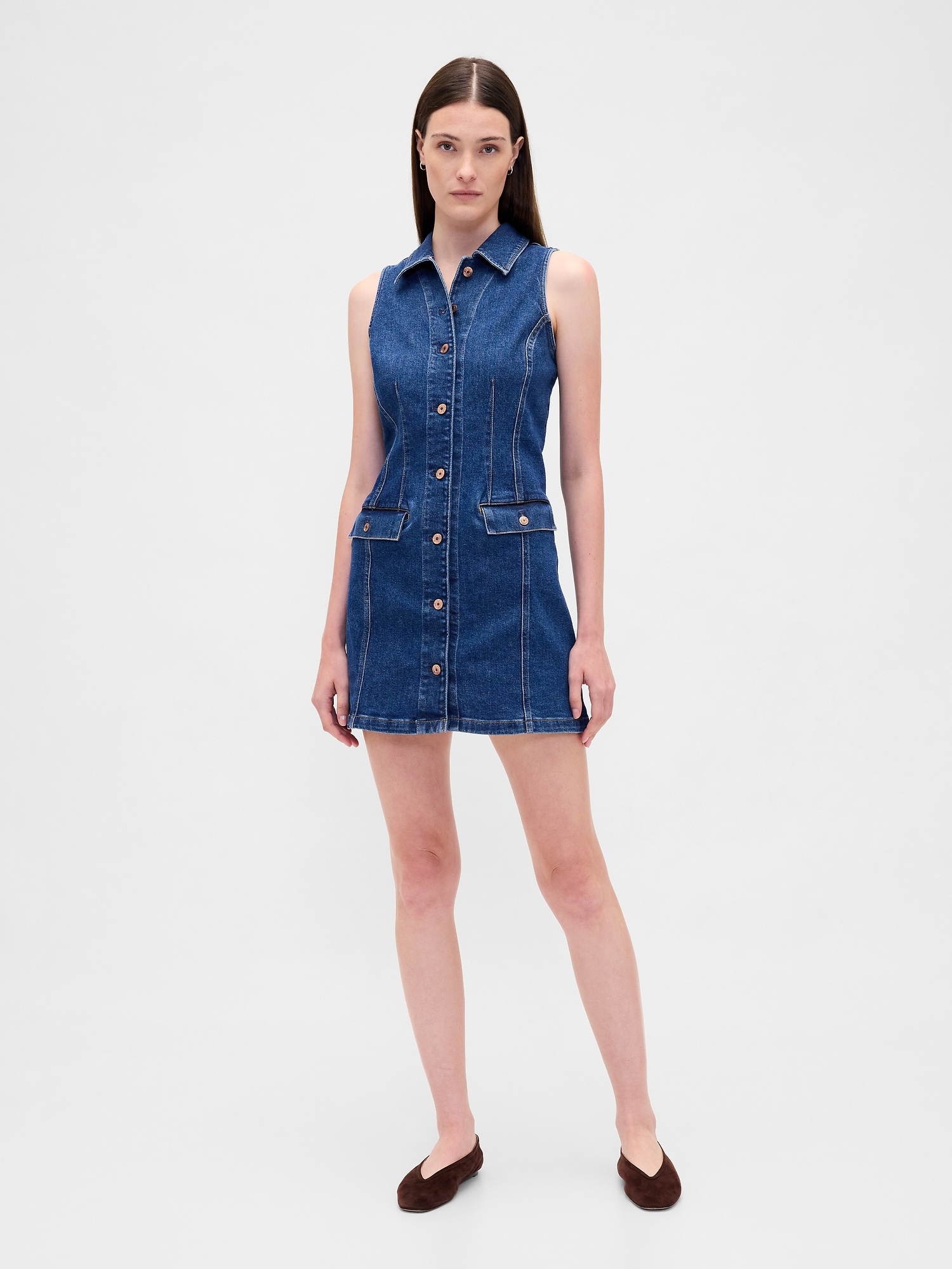 Denim Collared Shift Mini Dress - Medium Wash