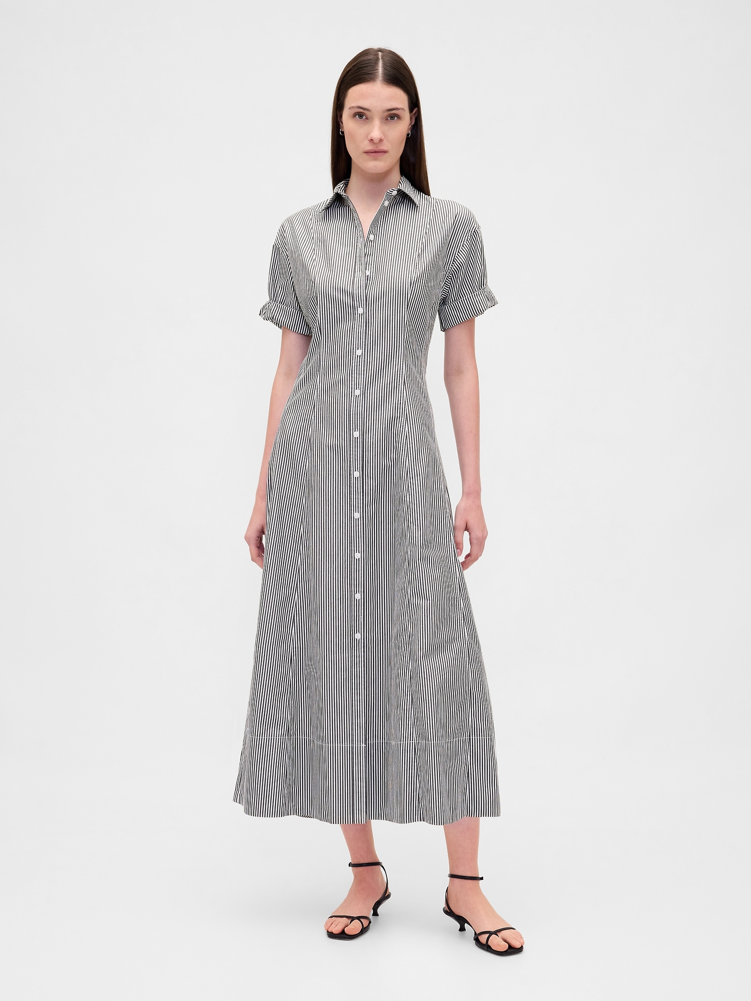 Poplin Roll-Cuff Midi Shirtdress - Black & White Stripe