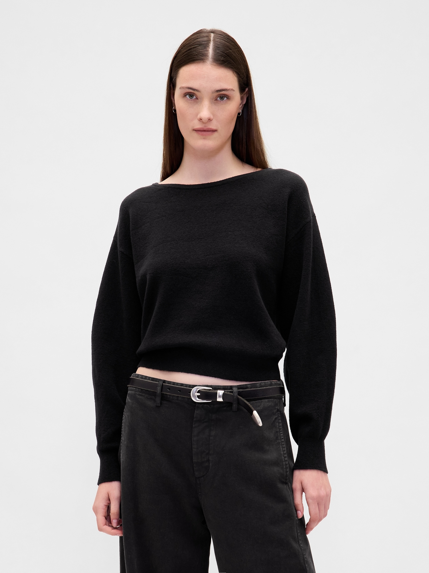 Gap Cashsoft Stretch Lantern-sleeve Crop Sweater In Black