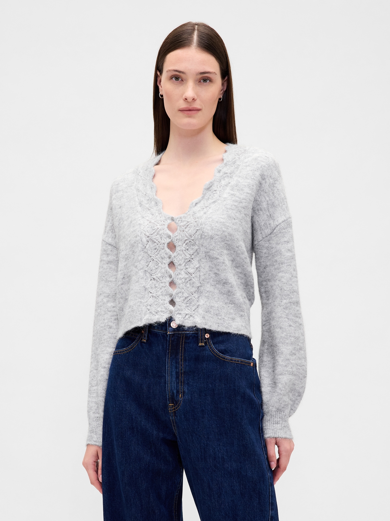 Gap Fuzzy Pointelle Scalloped Crop Cardigan In Gray