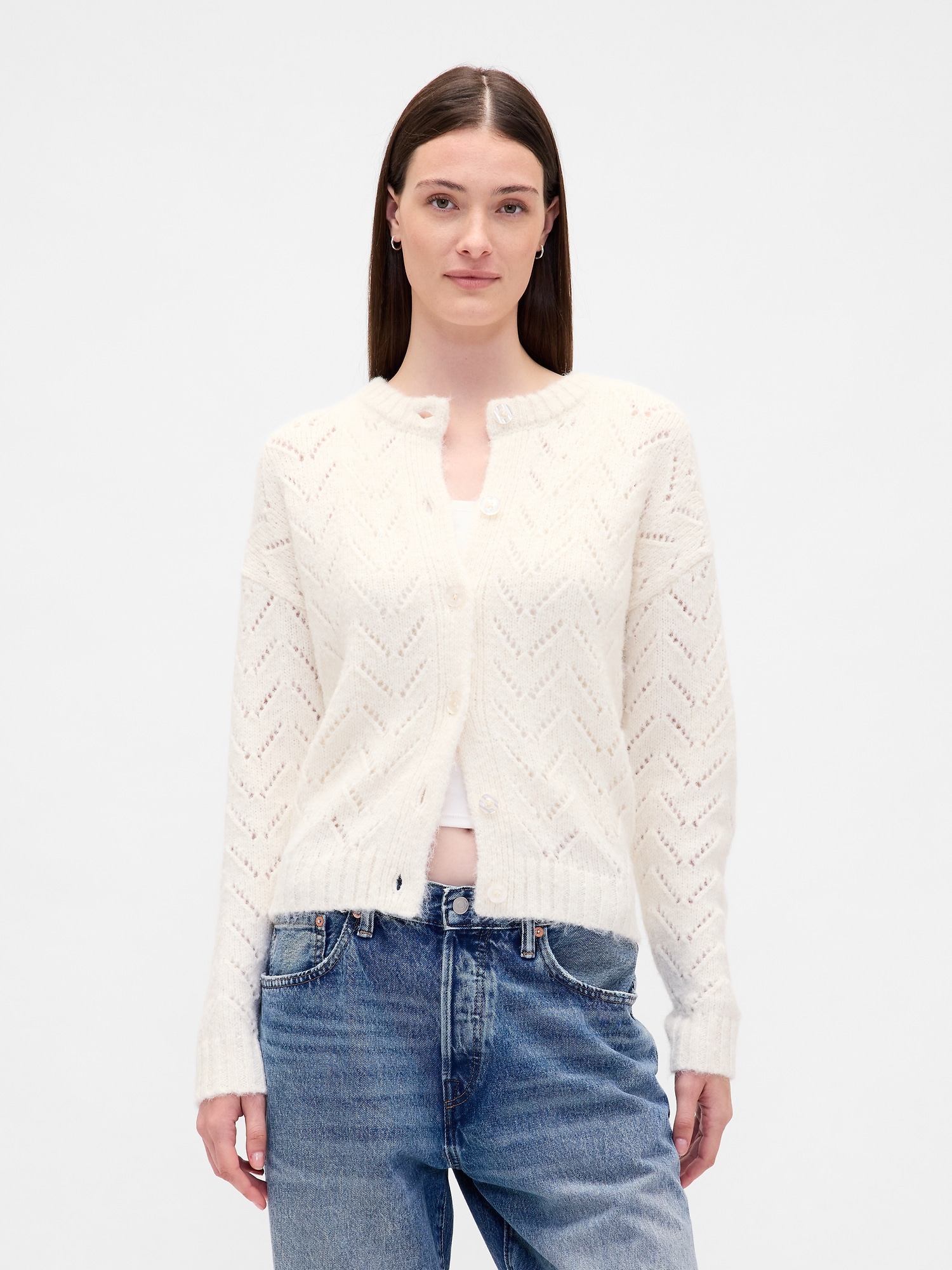 Fuzzy Pointelle Cardigan - Chino Beige