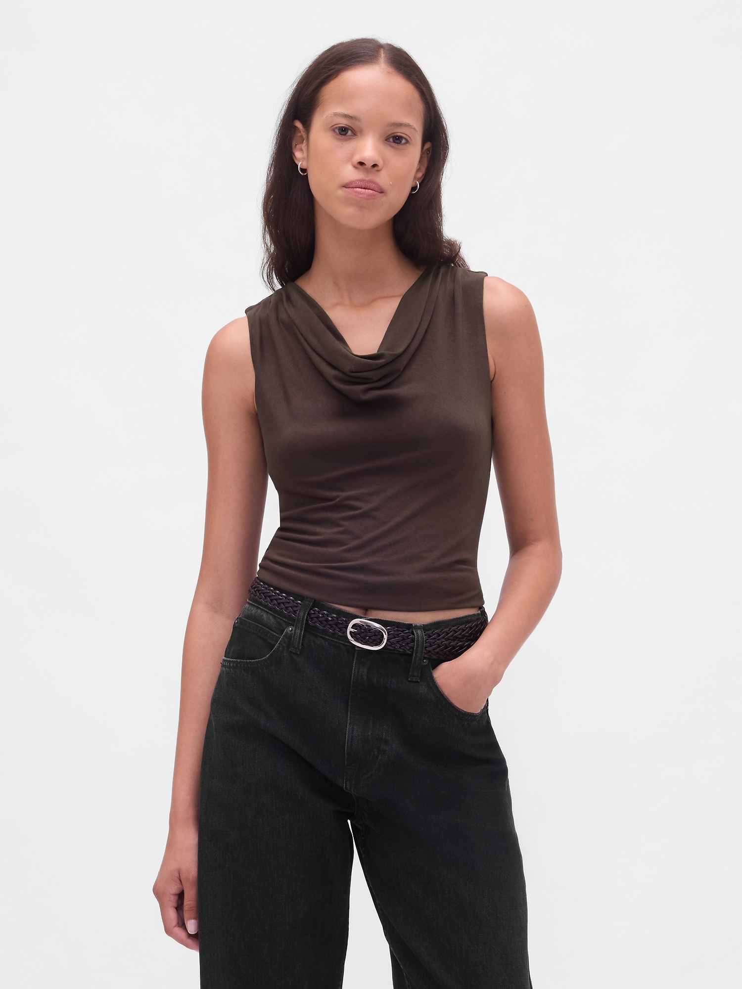 Cropped Cowl-Neck Tank Top