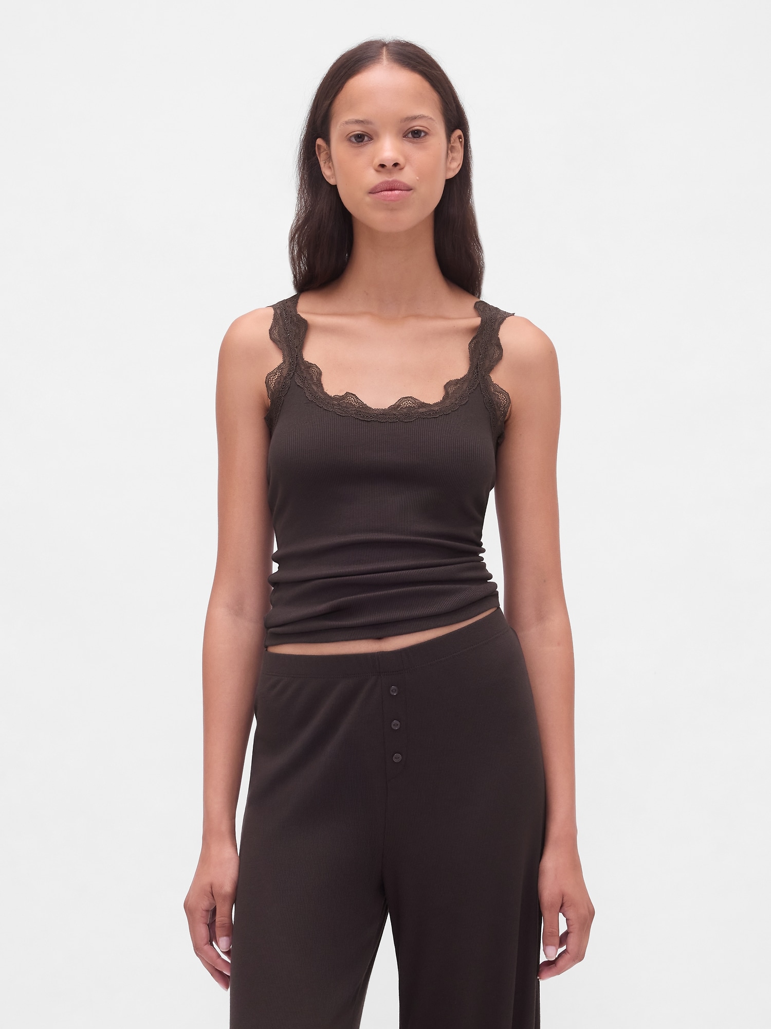 Mini Rib Lace PJ Tank Top - Terra Brown