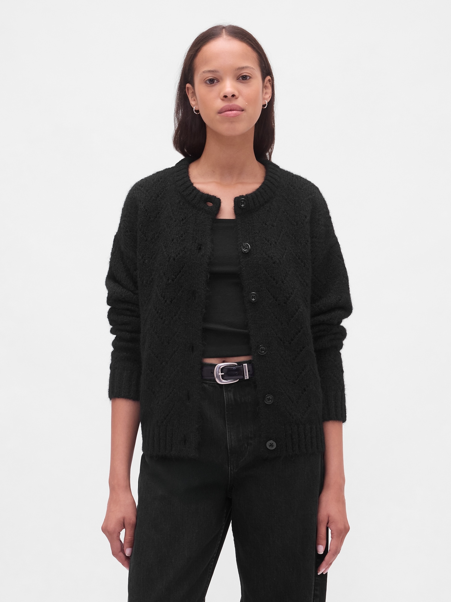 Fuzzy Pointelle Cardigan - Black