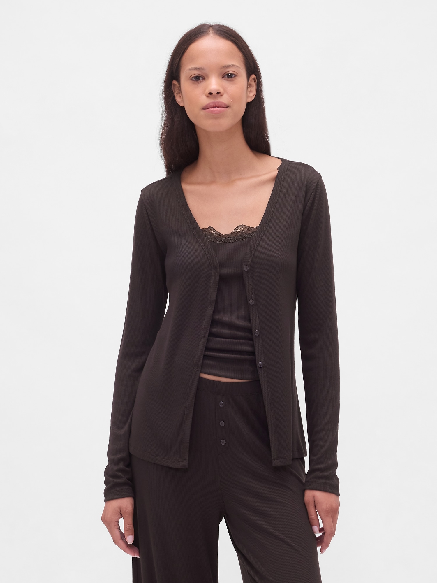 Gap Mini Rib Pj Cardigan In Brown