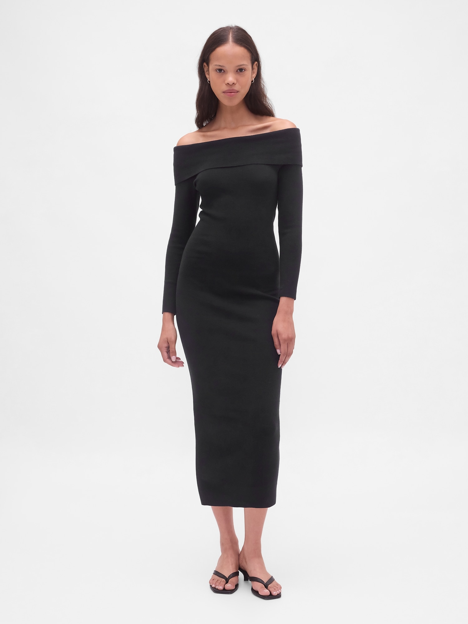 CashSoft Stretch Off-Shoulder Midi Sweater Dress - True Black