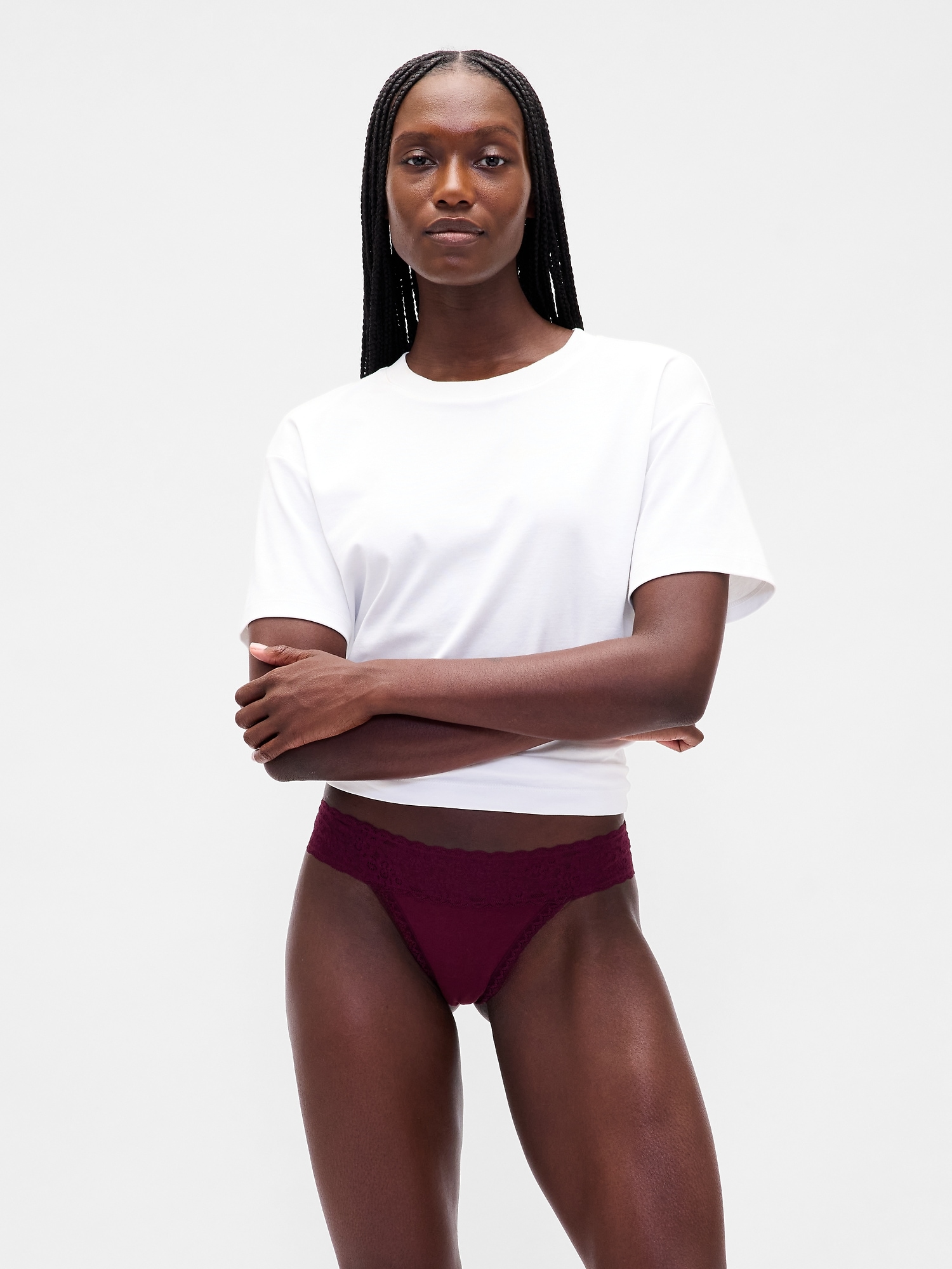 Organic Stretch Cotton Lace-Trim Thong - Tuscan Red