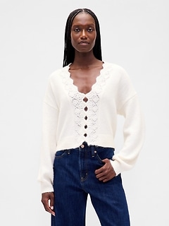 Fuzzy Pointelle Scalloped Crop Cardigan