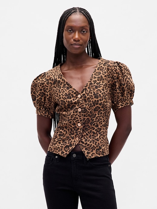 1 of 8 showing, with the color Leopard brown of product Puff-Sleeve Seamed Top