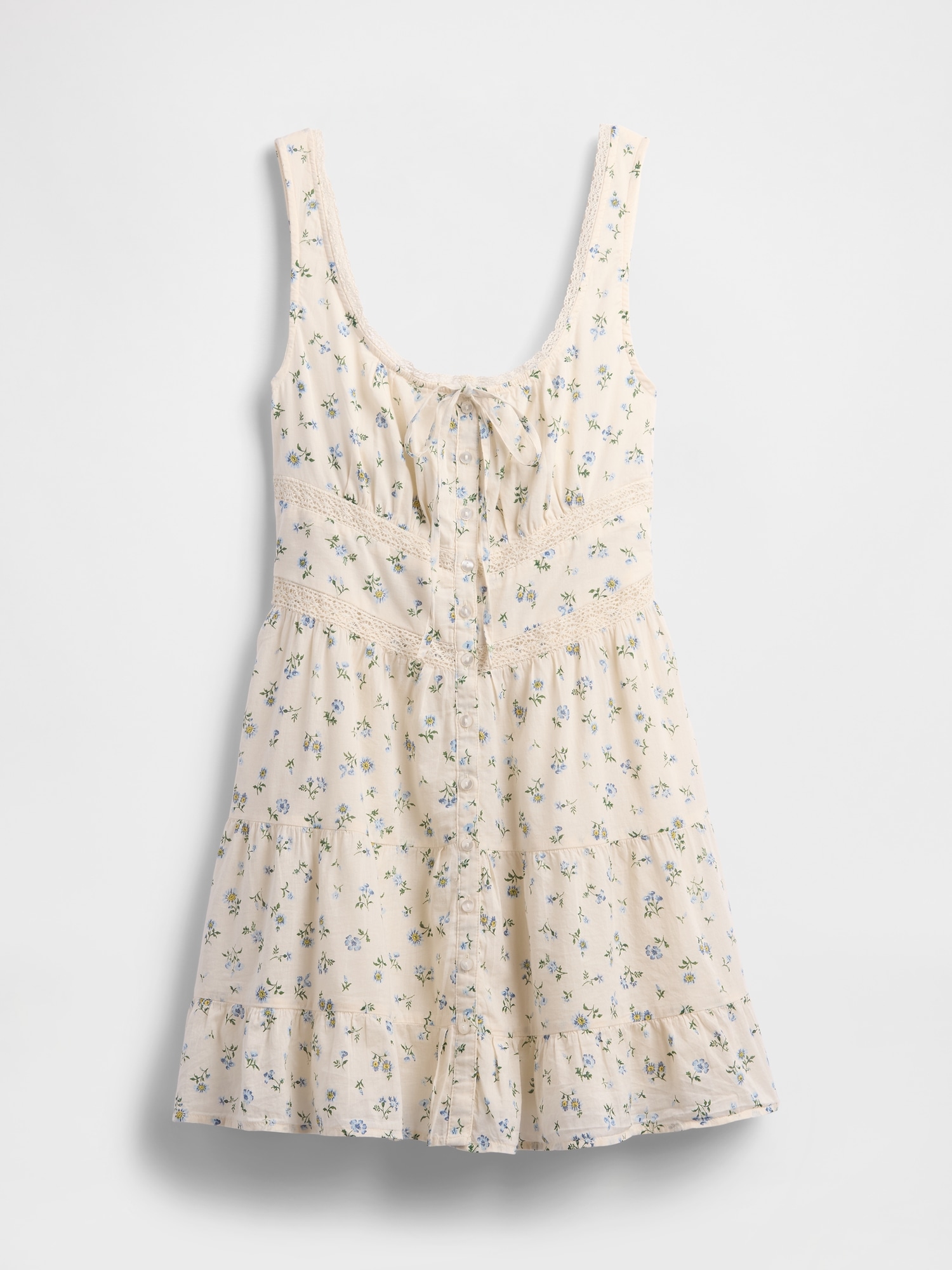 Lace-Trim Tiered Mini Dress - White Floral Print