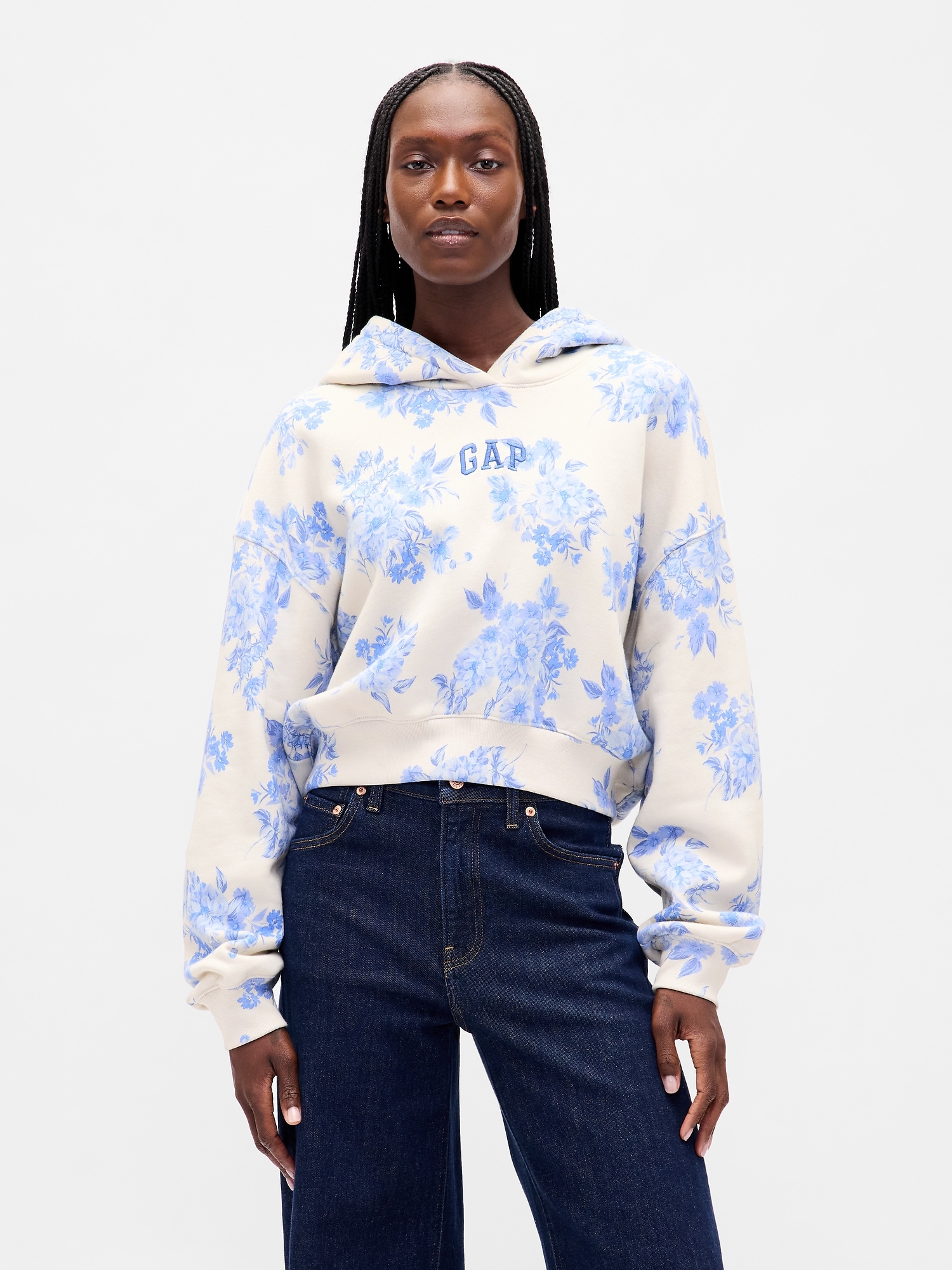 VintageSoft Crop Logo Hoodie - Blue Floral