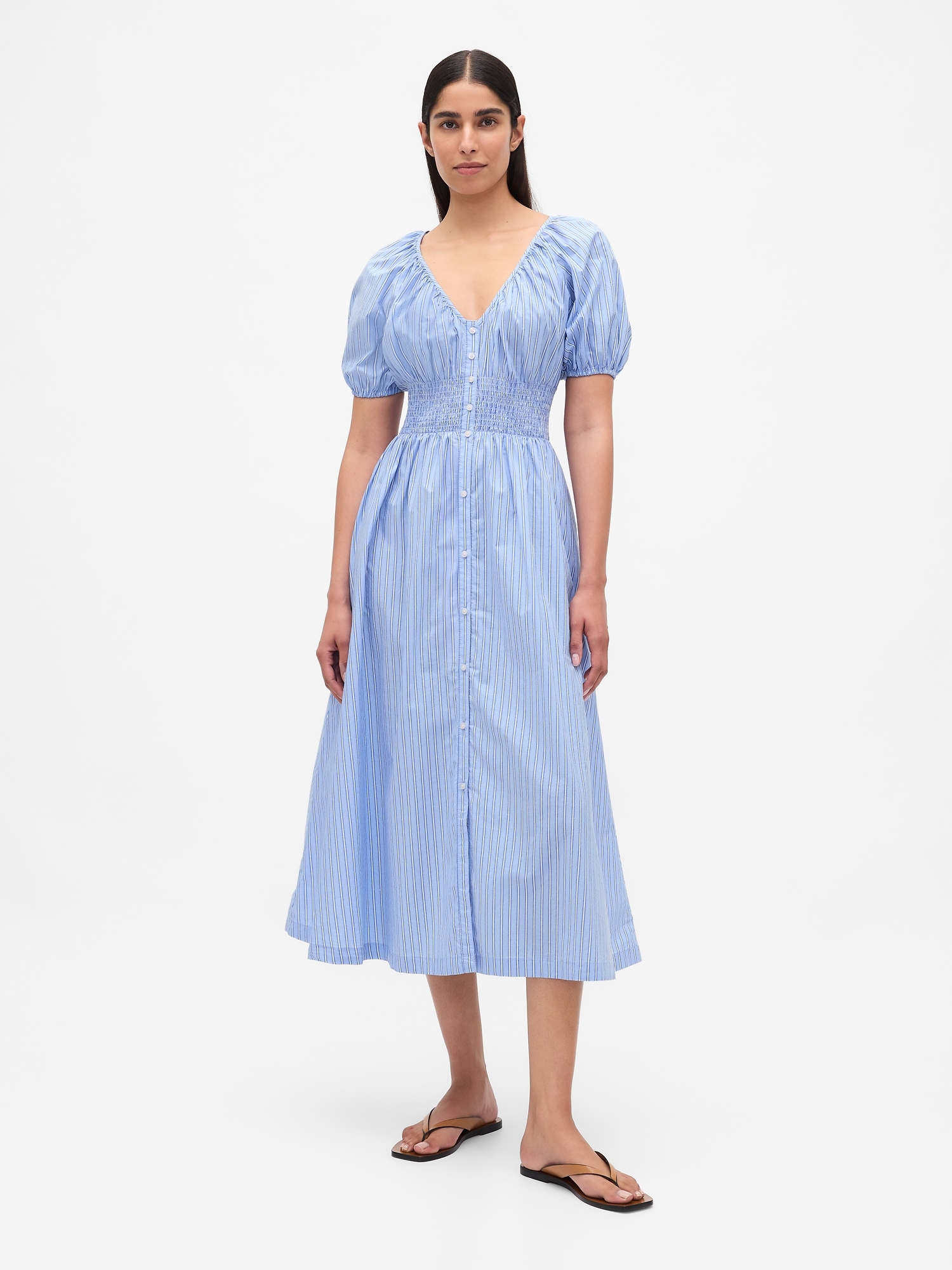 Puff-Sleeve Midi Dress - Blue Stripe