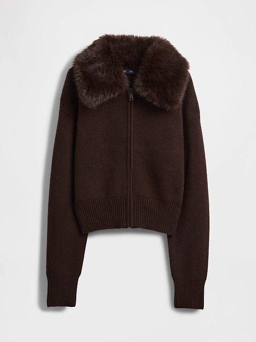 Image number 5 showing, CashSoft Faux-Fur Collar Zip Cardigan Sweater