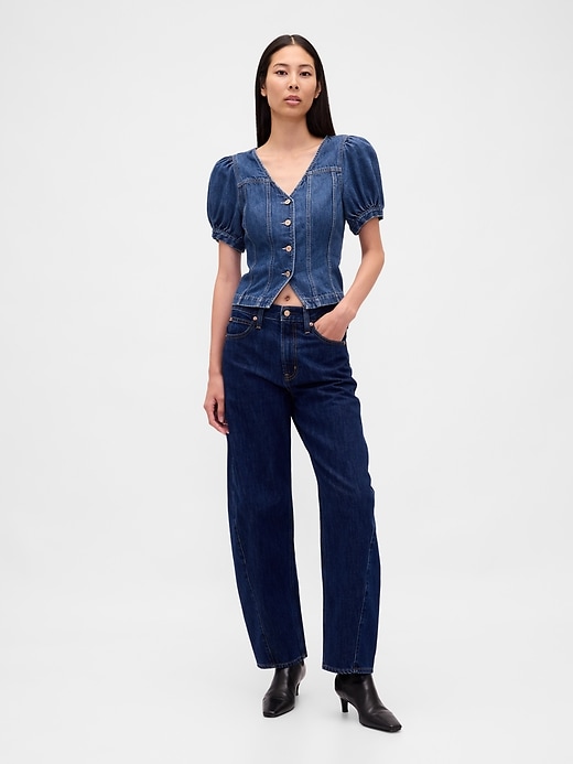 Image number 2 showing, Denim Puff-Sleeve Seamed Top