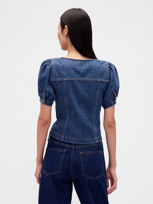 Image number 3 showing, Denim Puff-Sleeve Seamed Top