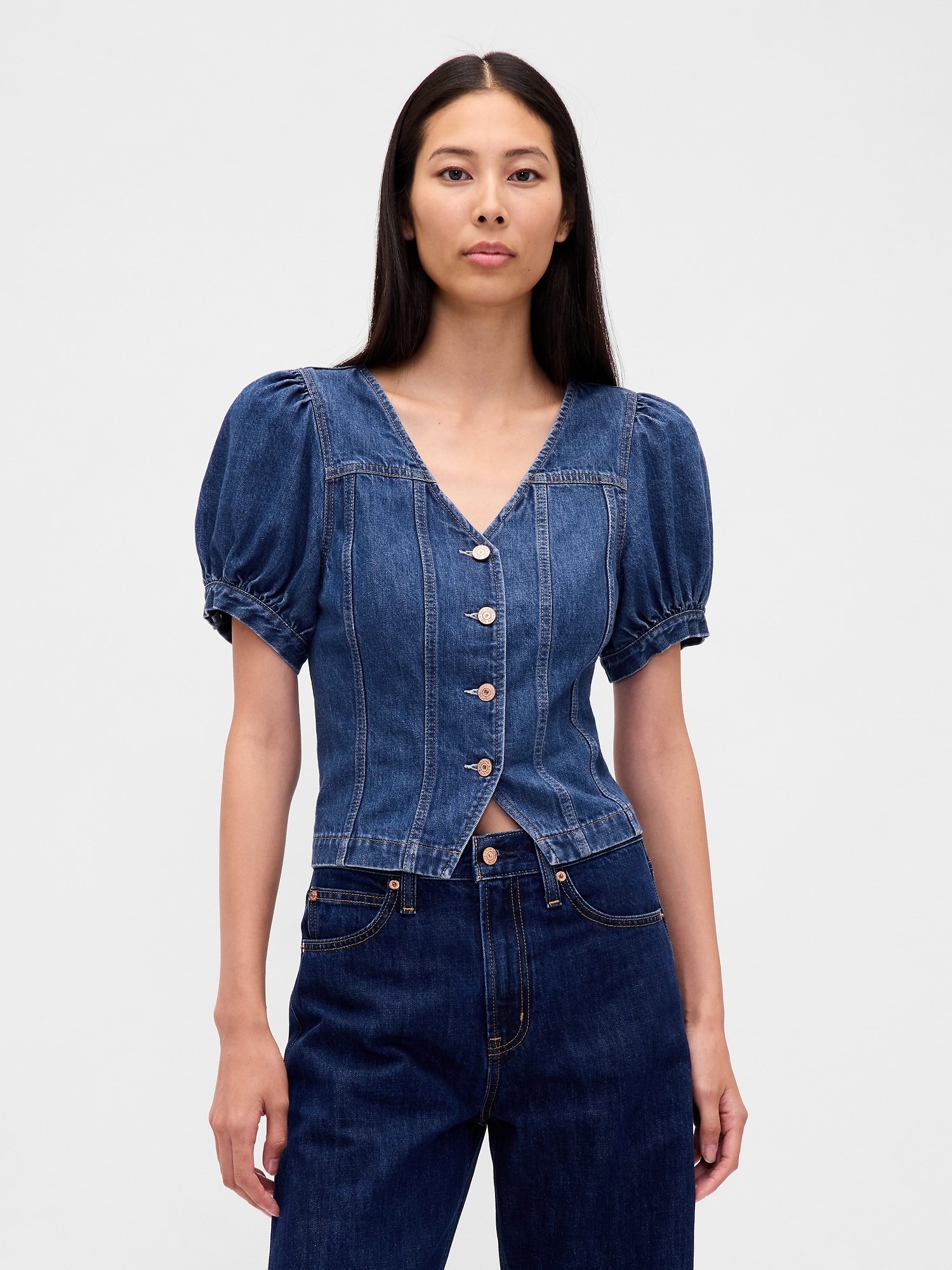 Denim Puff-Sleeve Seamed Top - Dark Wash