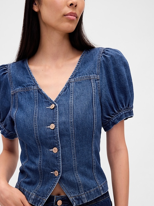 Image number 4 showing, Denim Puff-Sleeve Seamed Top