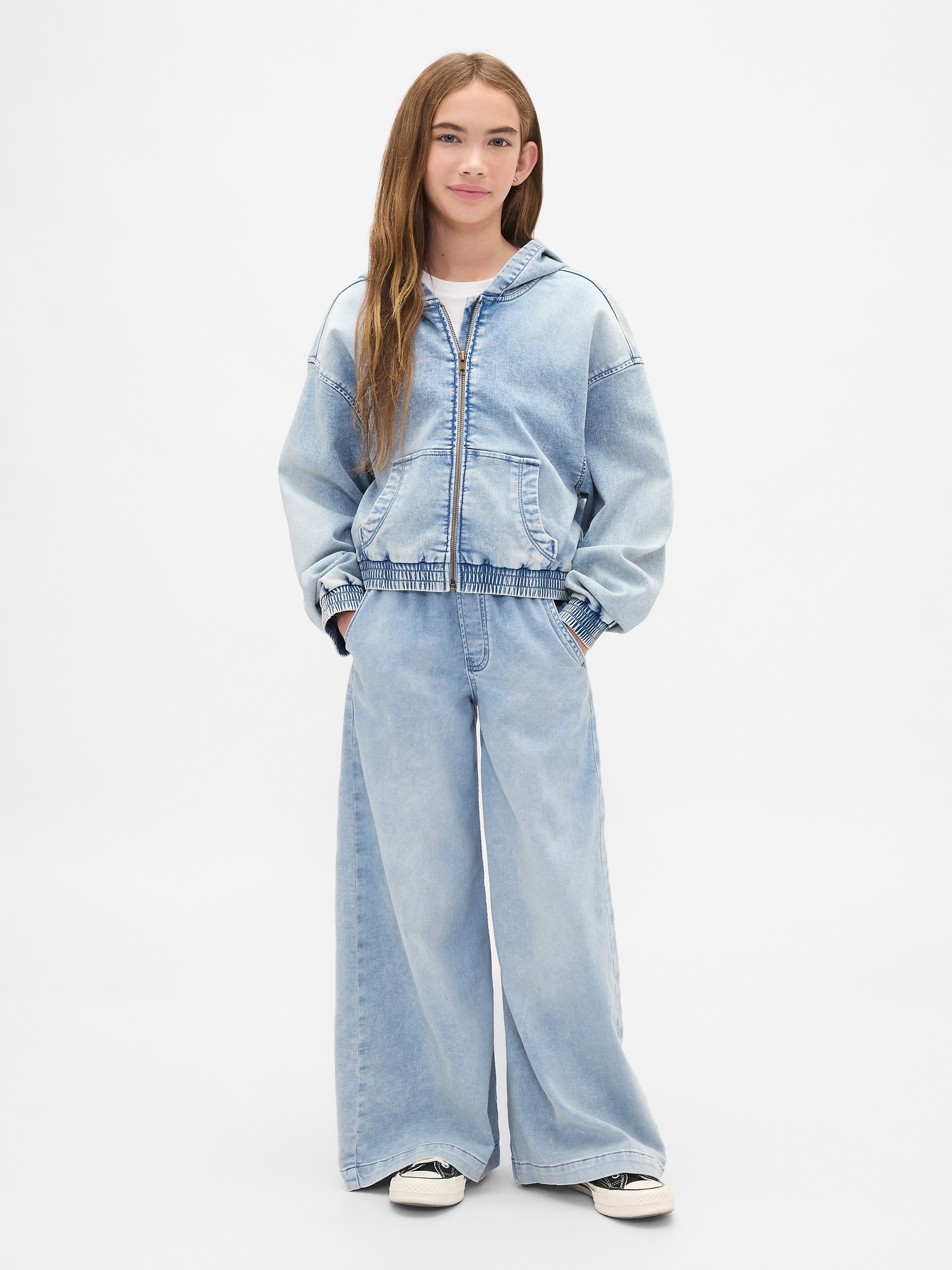 Детское худи Gap Knit Denim Zip, цвет: Светлая варка — фото 4
