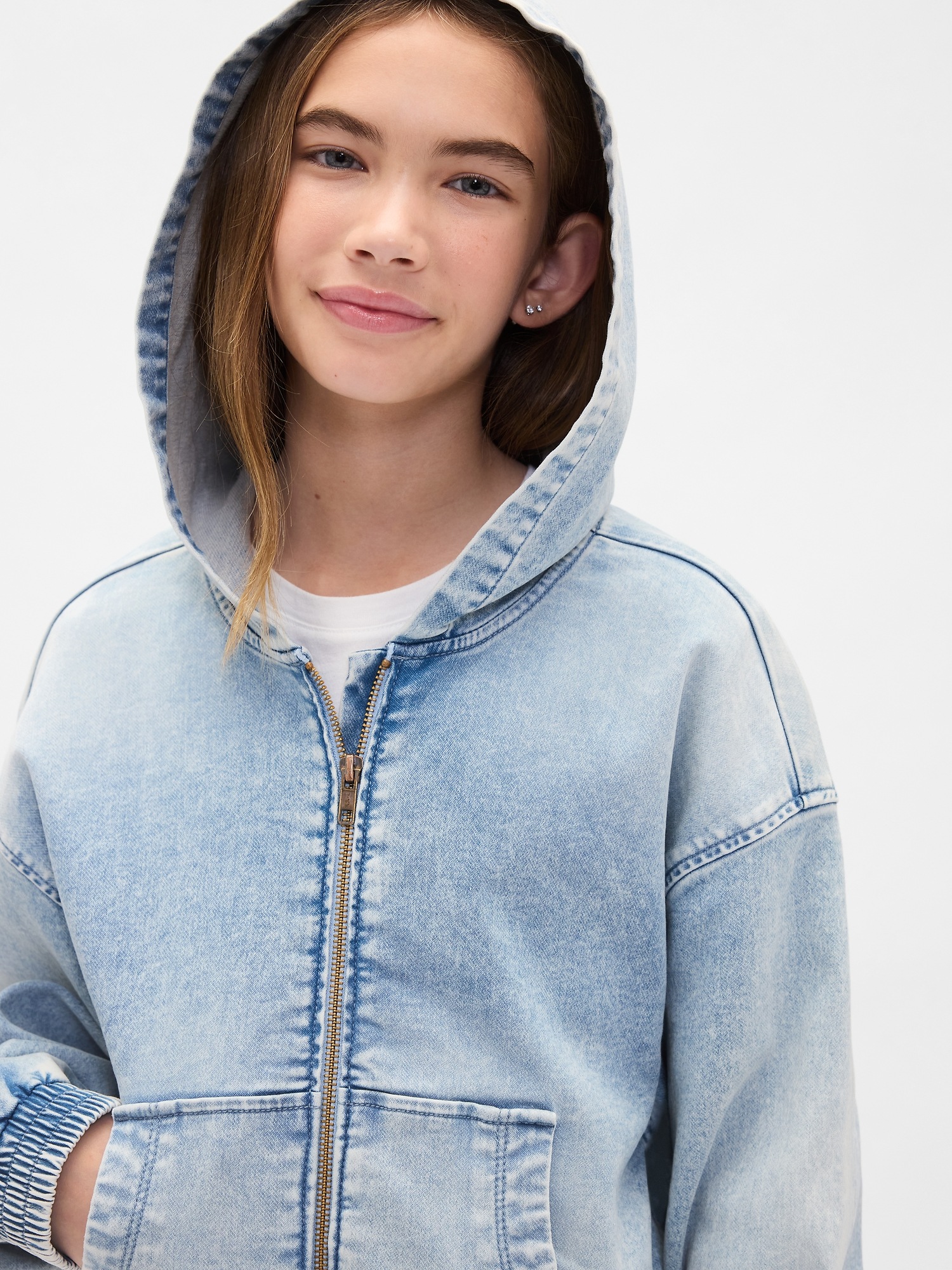 Детское худи Gap Knit Denim Zip, цвет: Светлая варка — фото 6