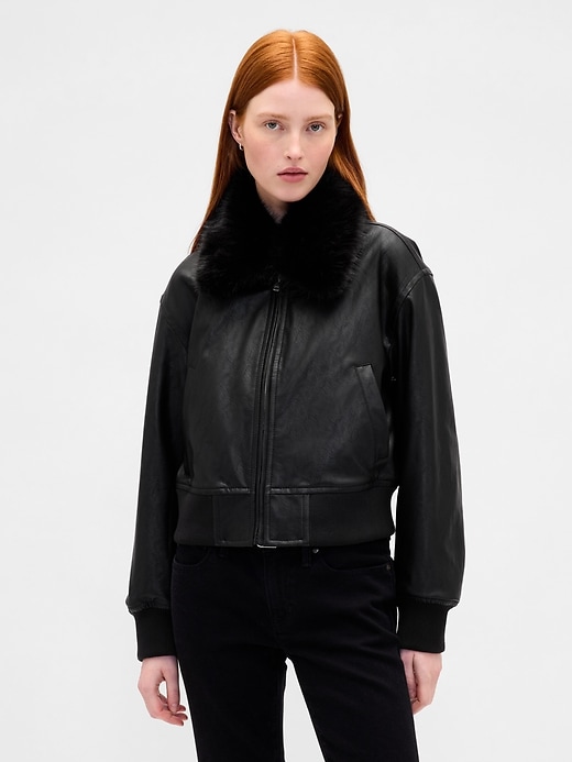 Image number 1 showing, Vegan Leather Bomber Jacket