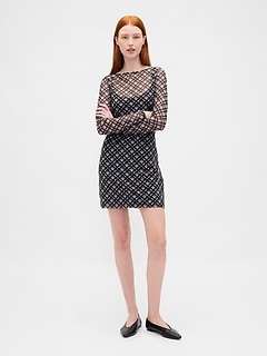 Mesh Boatneck Mini Dress