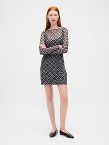 Mesh Boatneck Mini Dress