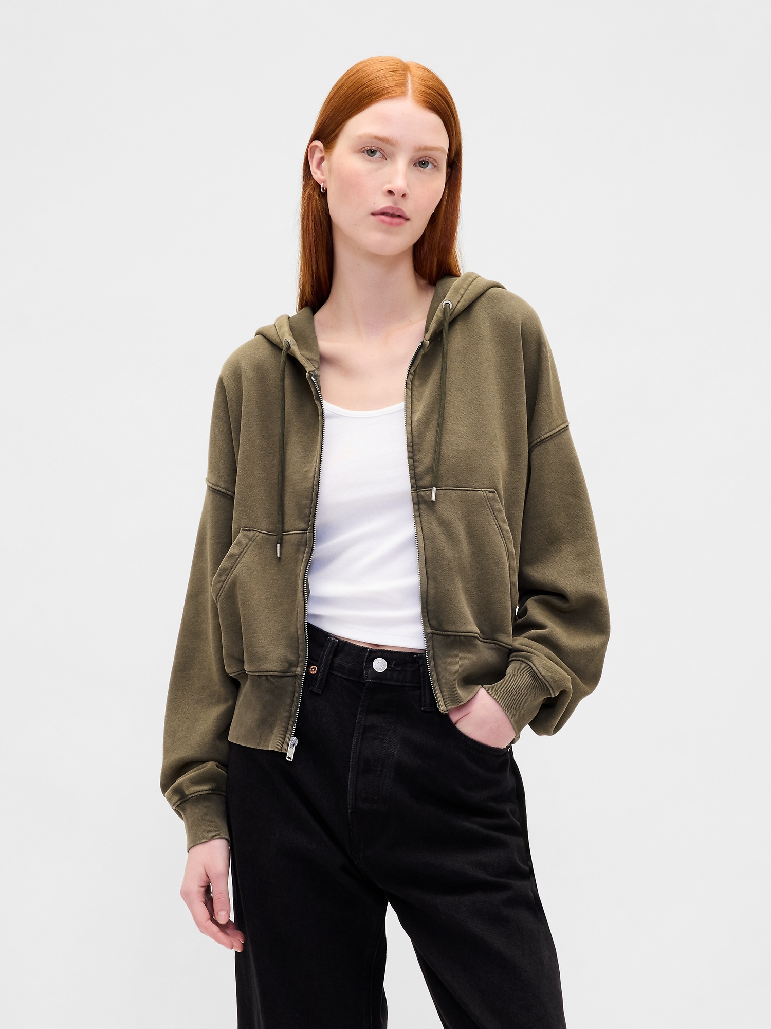VintageSoft Full-Zip Wedge Hoodie - Black Moss Green Wash