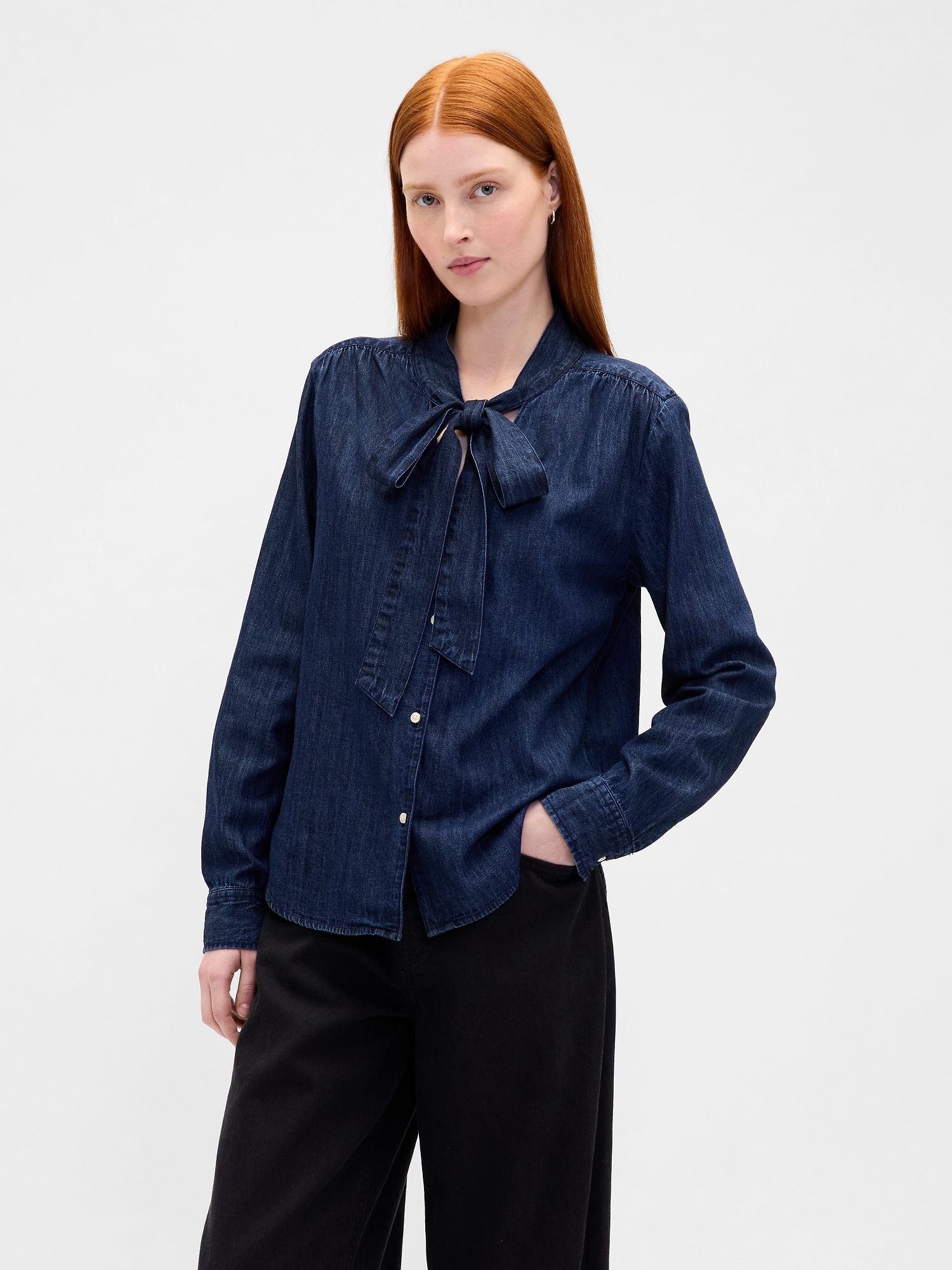 Denim Tie-Neck Shirt - Dark Wash