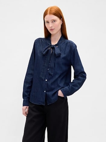 Denim Tie-Neck Shirt