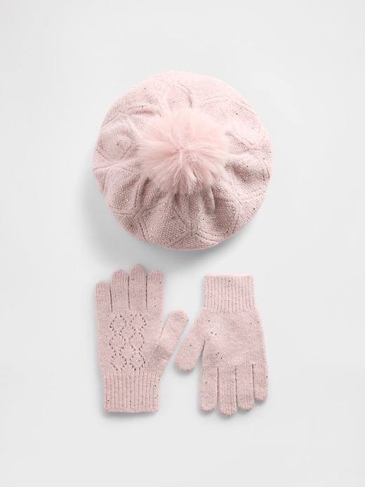 Image number 1 showing, Kids Pointelle Pom Beret & Gloves Set